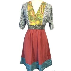 Matilda Jane OH LIZA Dress Embroidered Empire Waist Tie Back BOHO Mixed Material